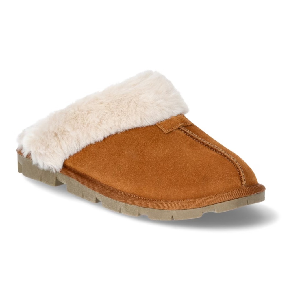 Joyspun Womens Clog Slippers Size 8 Chestnut Suede Memory Foam Faux Fur Lug Sole